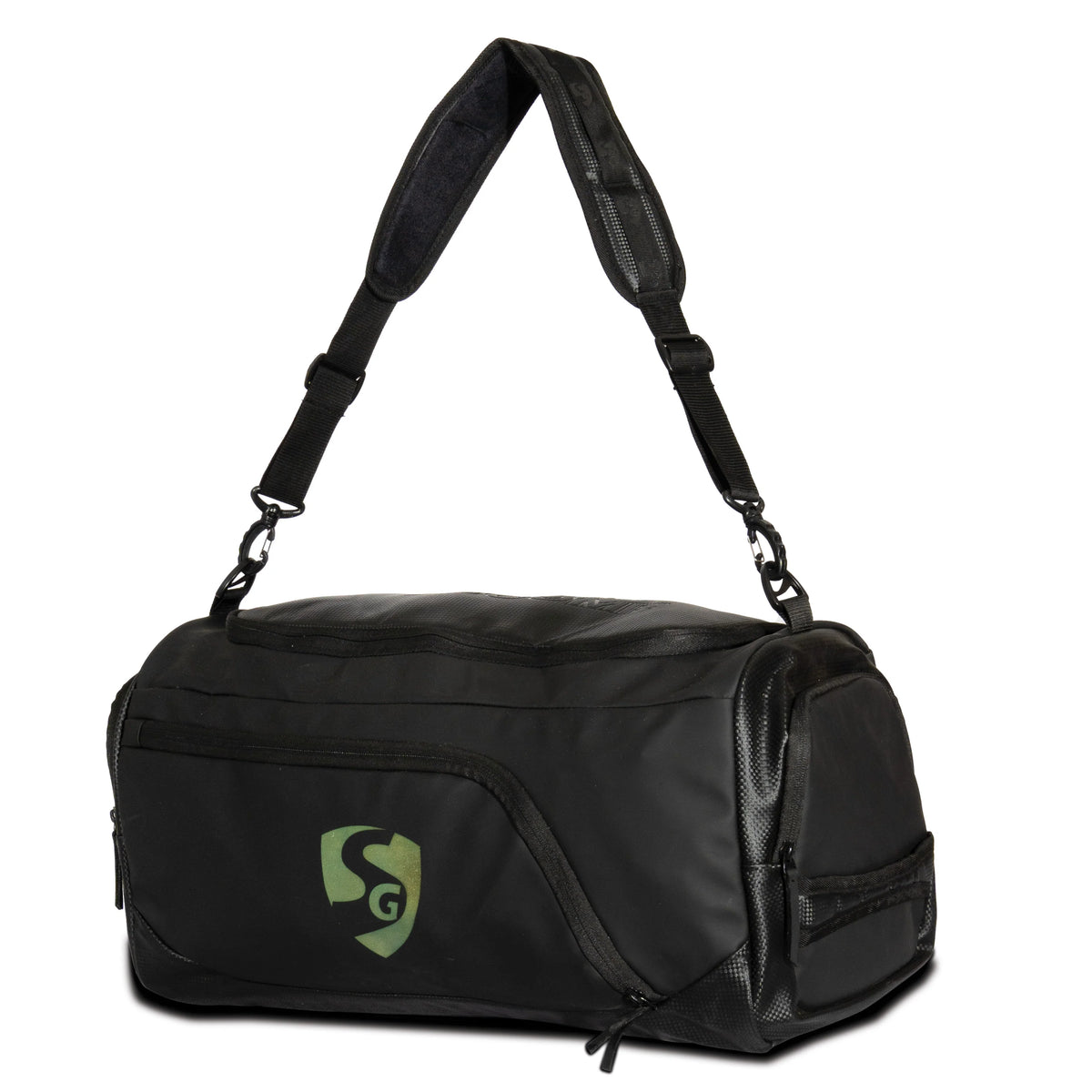 Side view of the black SG HP33 sports duffle bag with a lime green SG logo showing its side zippered compartment.
