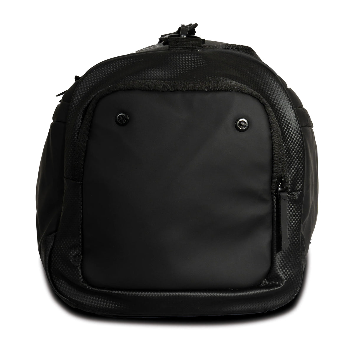 Side pocket profile of the black SG HP33 sports gym bag featuring functional button rivets and high-quality zip enclosure.Side pocket profile of the black SG HP33 sports gym bag featuring functional button rivets and high-quality zip enclosure.