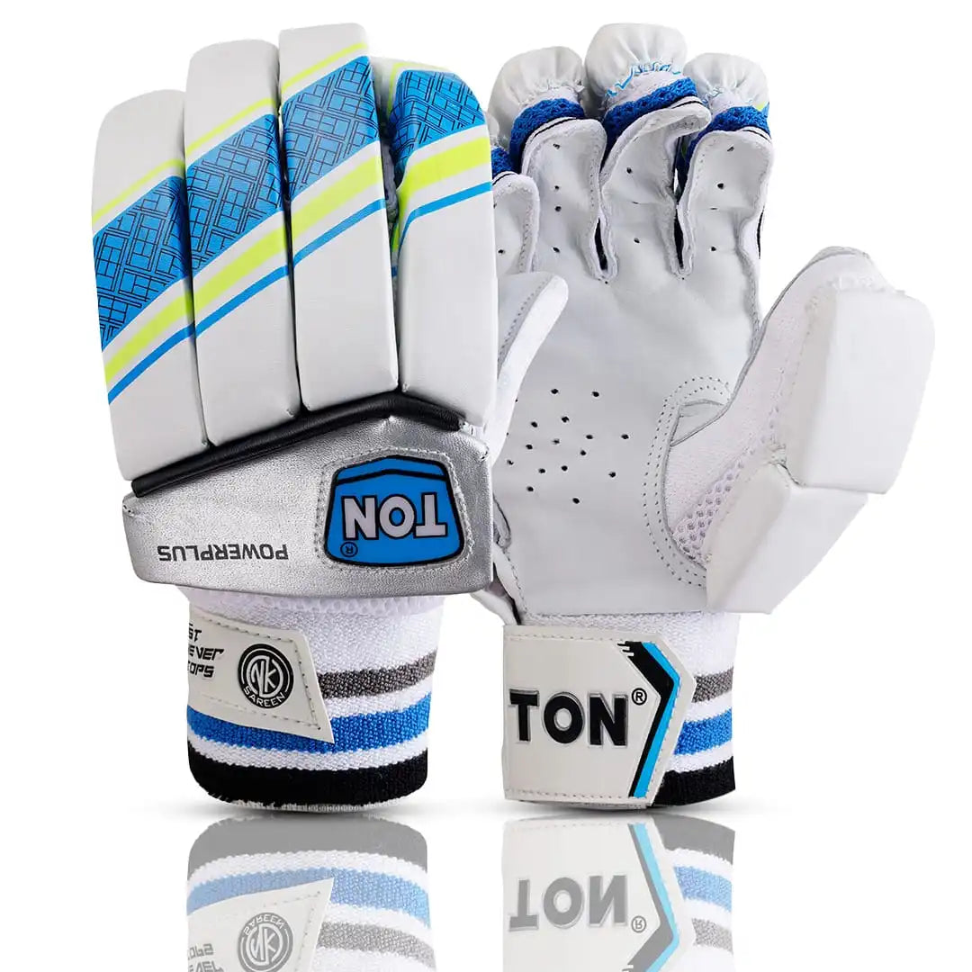 Pair of white, cyan, and yellow SS TON Power Plus adult right hand cricket batting gloves showing front backhand and inner leather palm