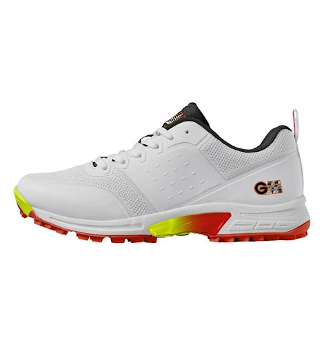 Side view of GM Rival All Rounder cricket shoe in white with red and yellow sole available at Alberta Cricket Store