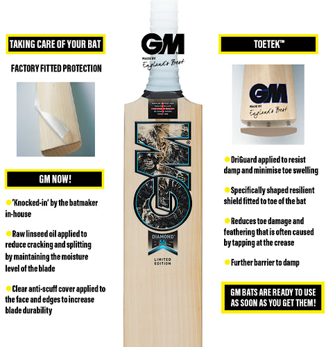 Infographic of GM cricket bat protection features showcasing a GM Diamond Limited Edition bat with technical details on GM NOW in-house knocking and TOETEK toe protection guard technology