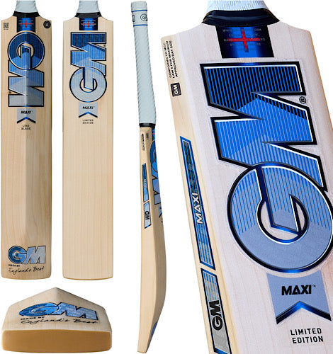 Full product showcase of the GM Maxi Limited Edition English Willow Cricket Bat, displaying its front face, back spine, side profile bow, and cross-section toe view on a white background.