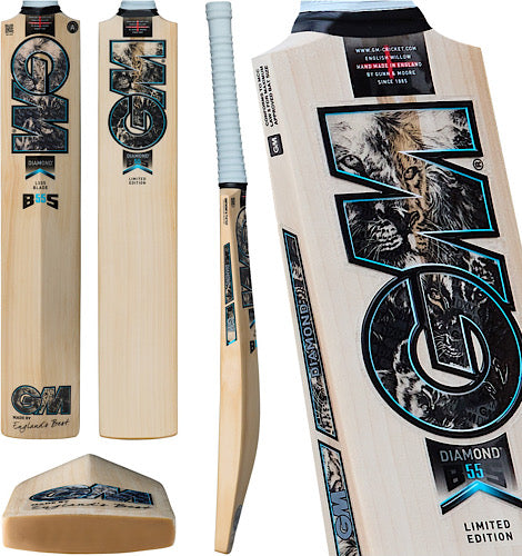 GM Diamond 404 Limited Edition cricket bat featuring front, back, profile side views, toe profile, and close-up of the detailed black and blue GM decals at Alberta Cricket Store.