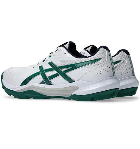 Rear side profile view of white and dark green Asics Gel-Peake 3 cricket shoes showing heel counter support
