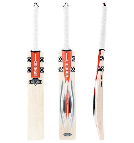 Front, back, and side profile view collage of Gray-Nicolls PowerScoop Pro English Willow Cricket Bat at Alberta Cricket Store.
