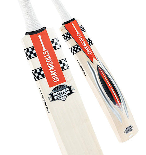 Angled front and back profile view of Gray-Nicolls PowerScoop Pro English Willow Cricket Bat with white grip at Alberta Cricket Store.