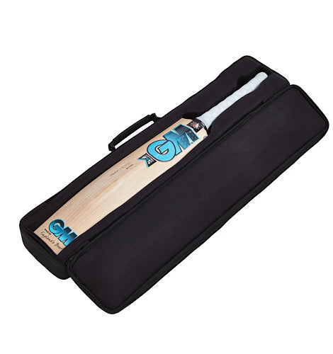 GM Jacob Bethell Players Edition English willow cricket bat neatly packed inside a premium black padded bat cover with a carrying handle, isolated on a white background.