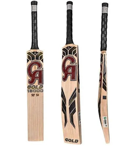 Three angles of the CA Gold 18000 Sahibzada Farhan Edition cricket bat 2026, available at albertacricketstore.com.