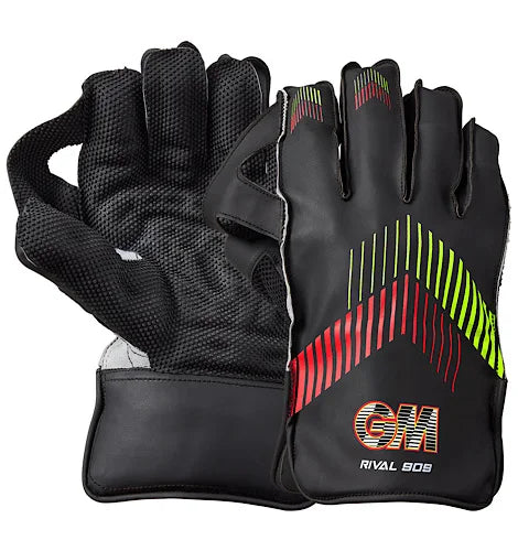 Pair of GM Rival 909 wicket keeping gloves showing palm grip and back design available at Alberta Cricket Store