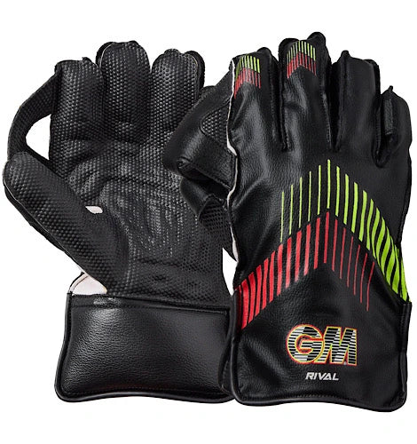 GM Rival wicket keeping gloves inner palm side view in black leather, showing high-grip textured pimpled rubber matrix and padded protection at Alberta Cricket Store.