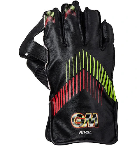 GM Rival wicket keeping gloves inner palm side view in black leather, showing high-grip textured pimpled rubber matrix and padded protection at Alberta Cricket Store.
