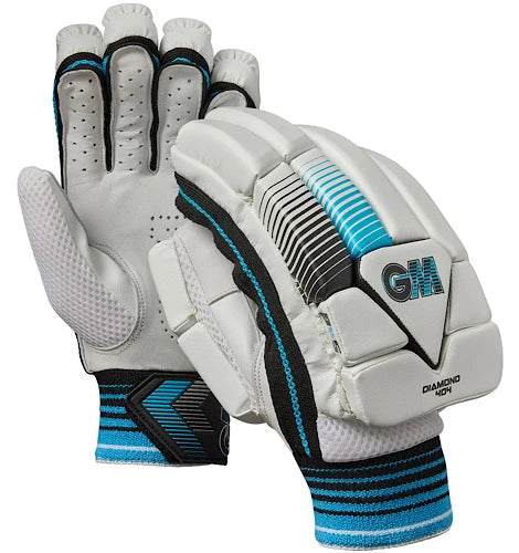 Pair of GM Diamond 404 cricket batting gloves showing protective finger blocks and premium leather palm available at Alberta Cricket Store