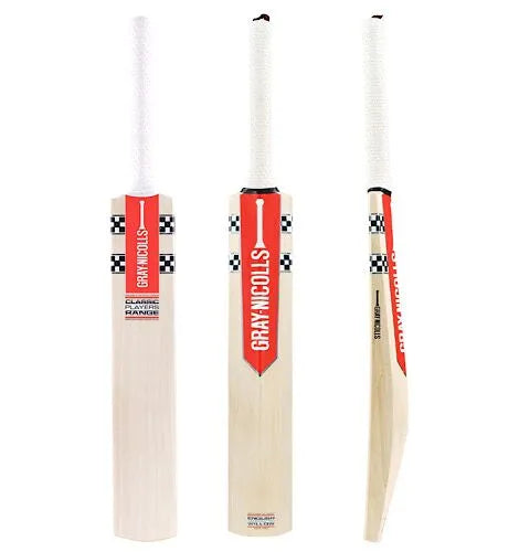 Front, back, and side profile view collage of Gray-Nicolls Classic Ultimate English Willow Cricket Bat with white grip at Alberta Cricket Store.