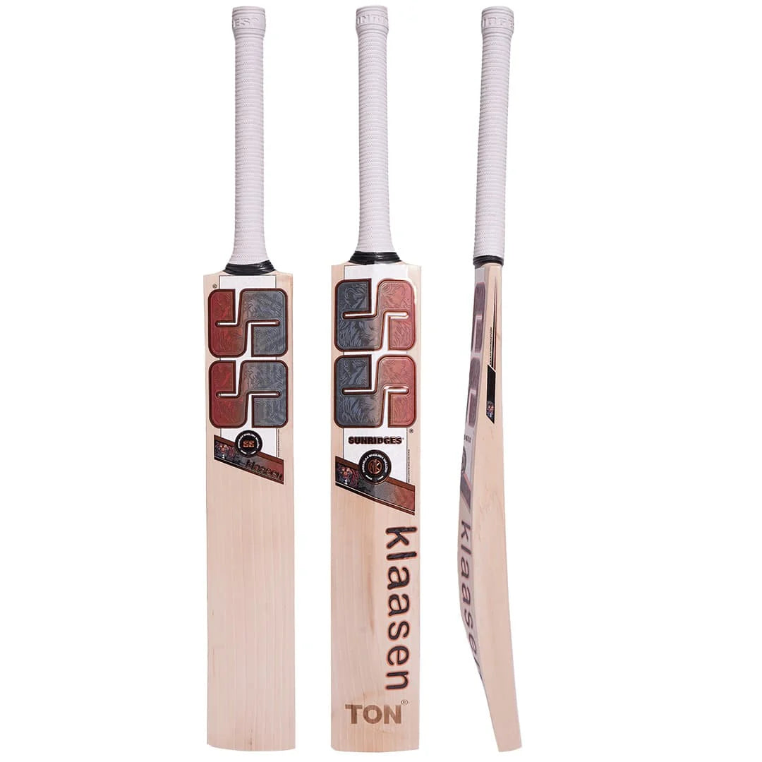 Three-angle display of SS Heinrich Klaasen Players Edition English Willow Cricket Bat showing back sticker, front face, and side edge profile
