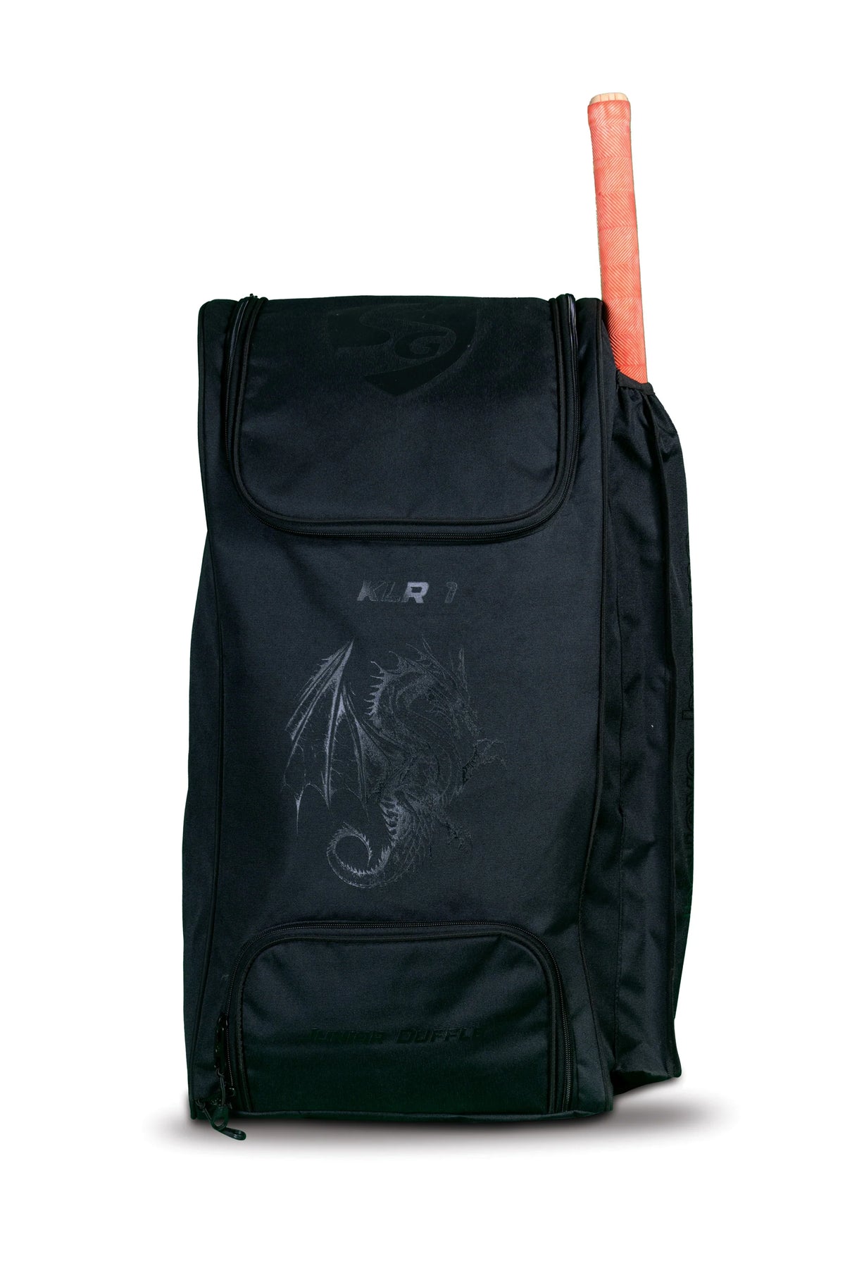 Black SG KLR Junior Duffle cricket kit bag with a dragon graphic design holding a cricket bat handle on a white background.