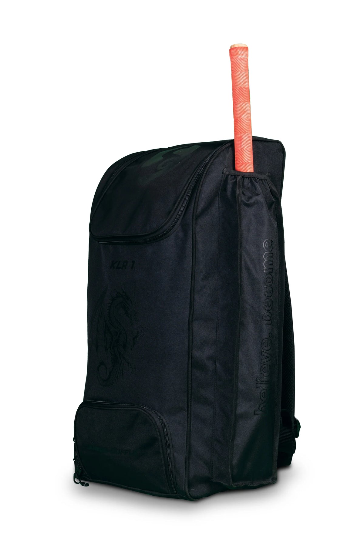 Side view of the black SG KLR Junior Duffle cricket kit bag showing the integrated bat pocket holding a cricket bat handle.