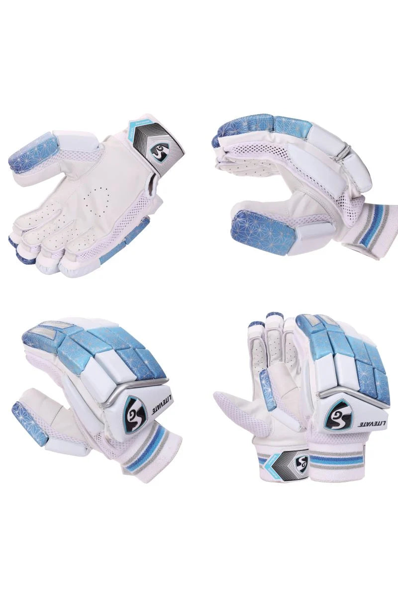 Multiple angles of the SG LITEVATE adult right-hand batting gloves in white and blue on albertacrickets.com.
