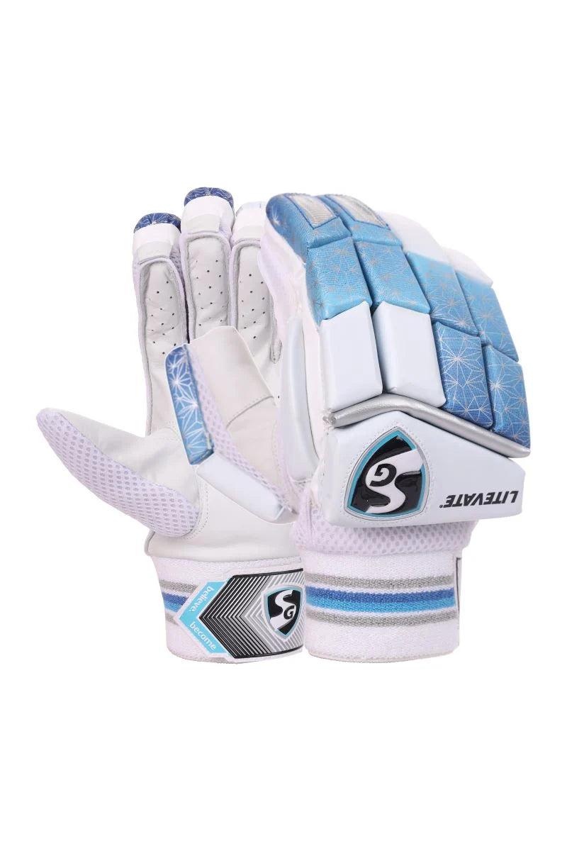 SG LITEVATE adult right-hand cricket batting gloves showing side-angled front view in white and blue on albertacrickets.com.