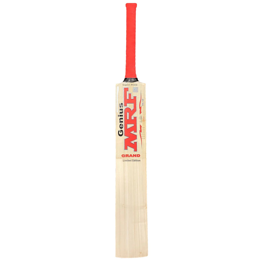 Full-length front view of MRF Genius Grand Limited Edition English Willow Cricket Bat