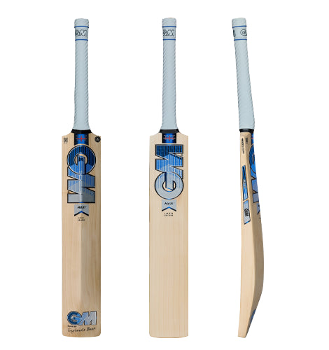 GM Maxi 909 English Willow Cricket Bat shown from three different angles including the front blade face, back spine, and side profile view with a white grip.