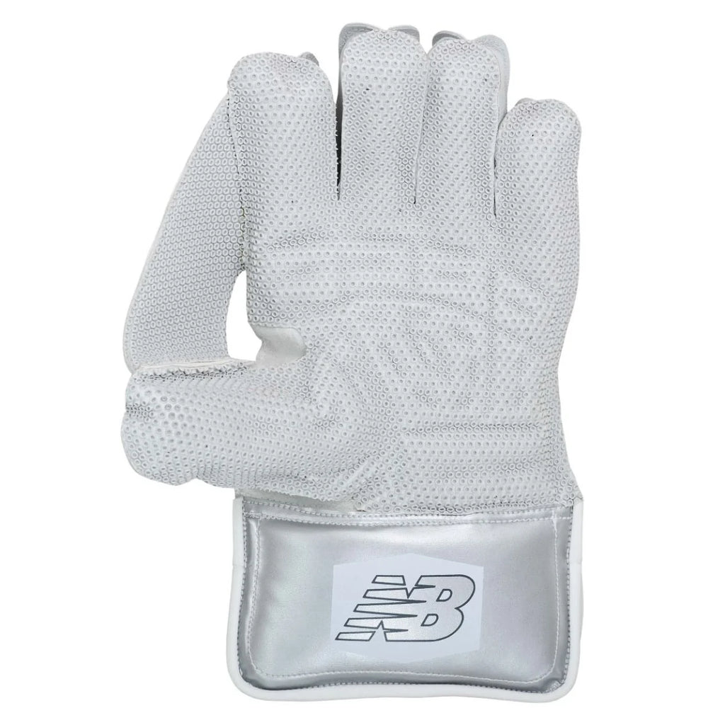 White textured palm view of New Balance DC 580 Wicket Keeping Gloves at Alberta Cricket Store
