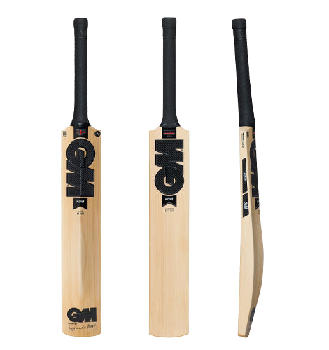 GM Noir 404 Short Handle cricket bat displaying front, back, and side views with sleek black GM stickers and a matching black grip at Alberta Cricket Store.