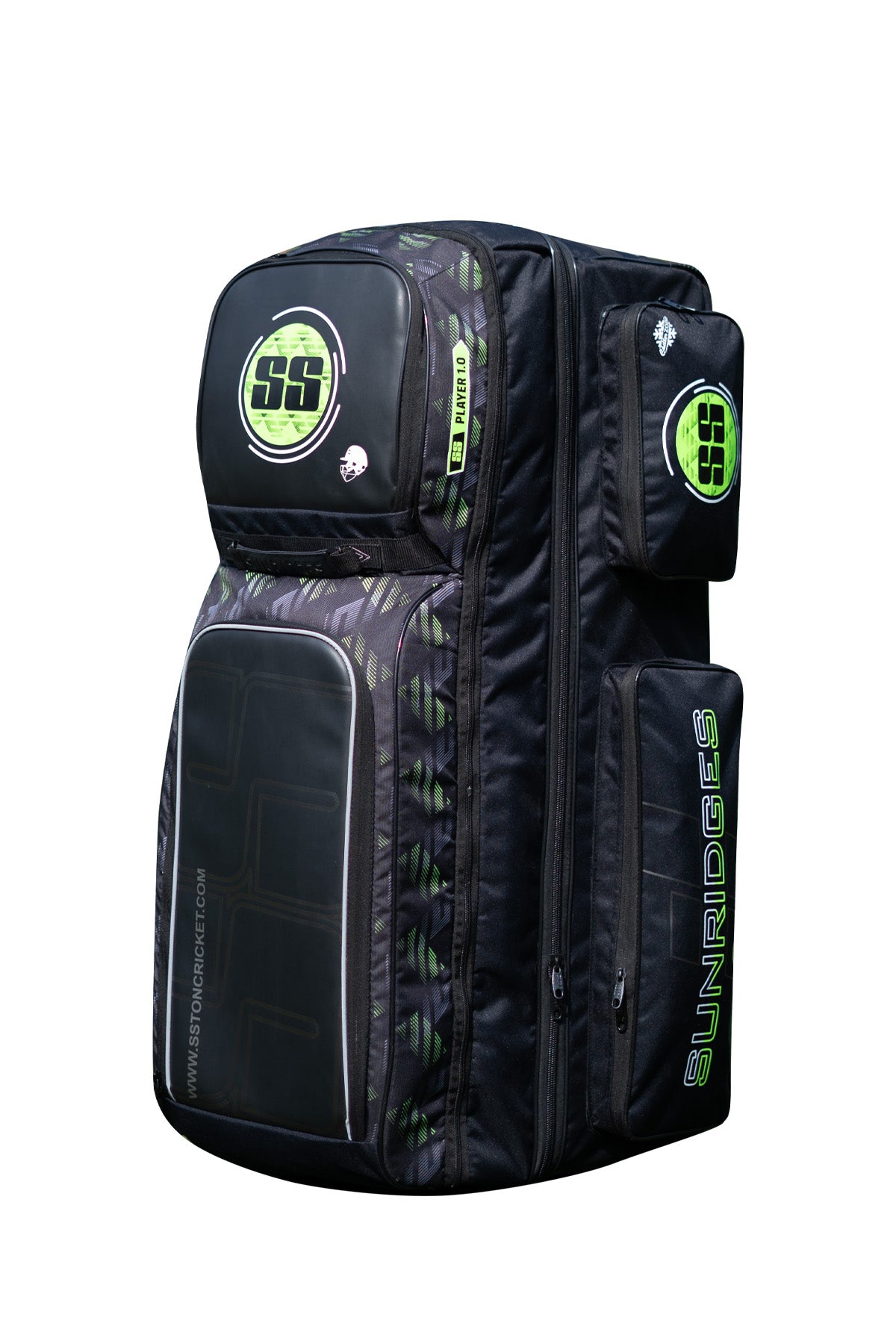 SS Player 1.0 cricket kit bag in black and lime green with SS Sunridges logo on Alberta.