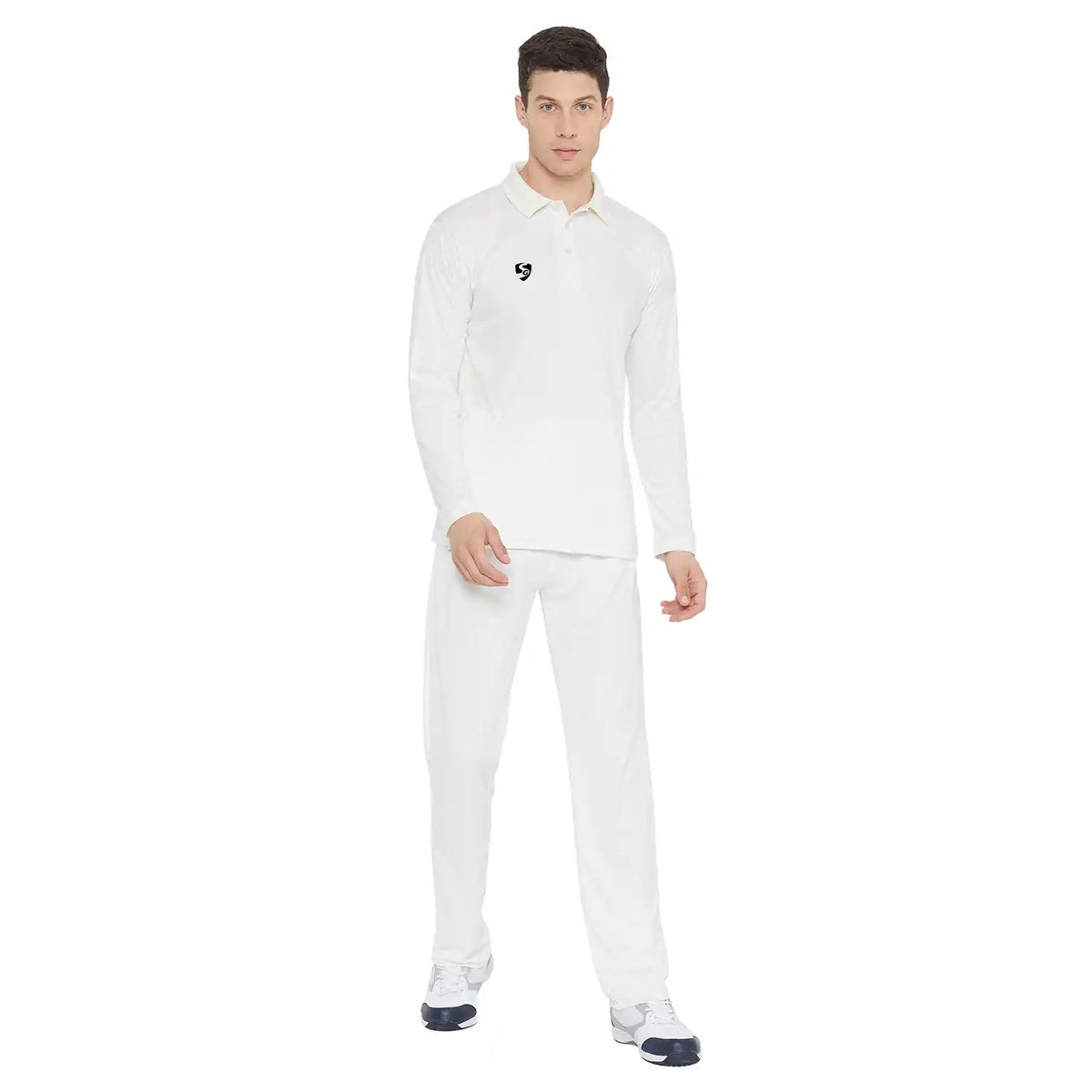 Front full shot of a male model wearing SG Club full sleeve combo cricket whites uniform.