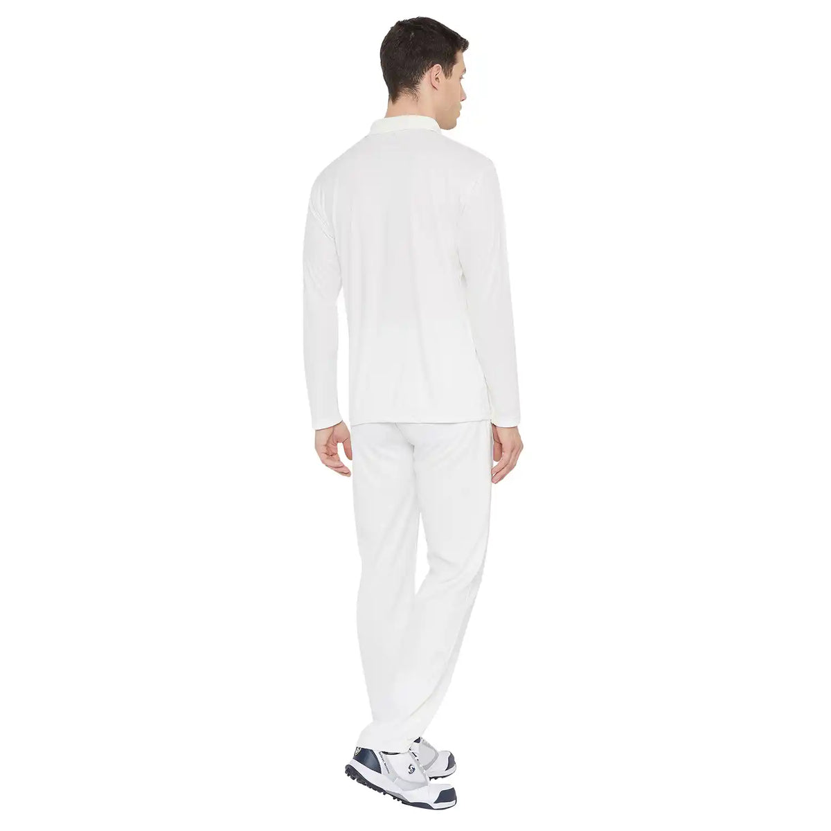 Rear view of a male model wearing SG Club full sleeve combo cricket whites including a long-sleeve shirt and trousers.