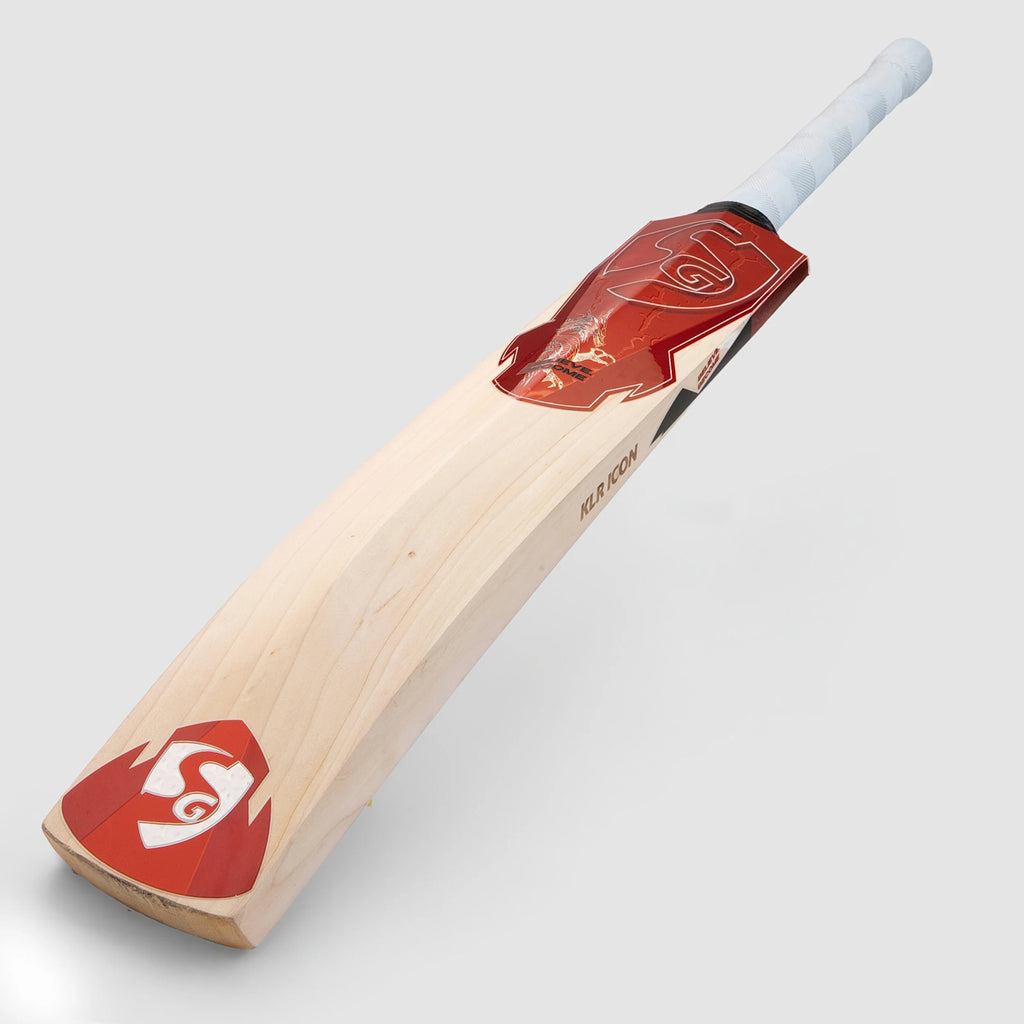 SG KLR Icon Cricket Bat angled back view showing red branding and toe at Alberta Cricket Store