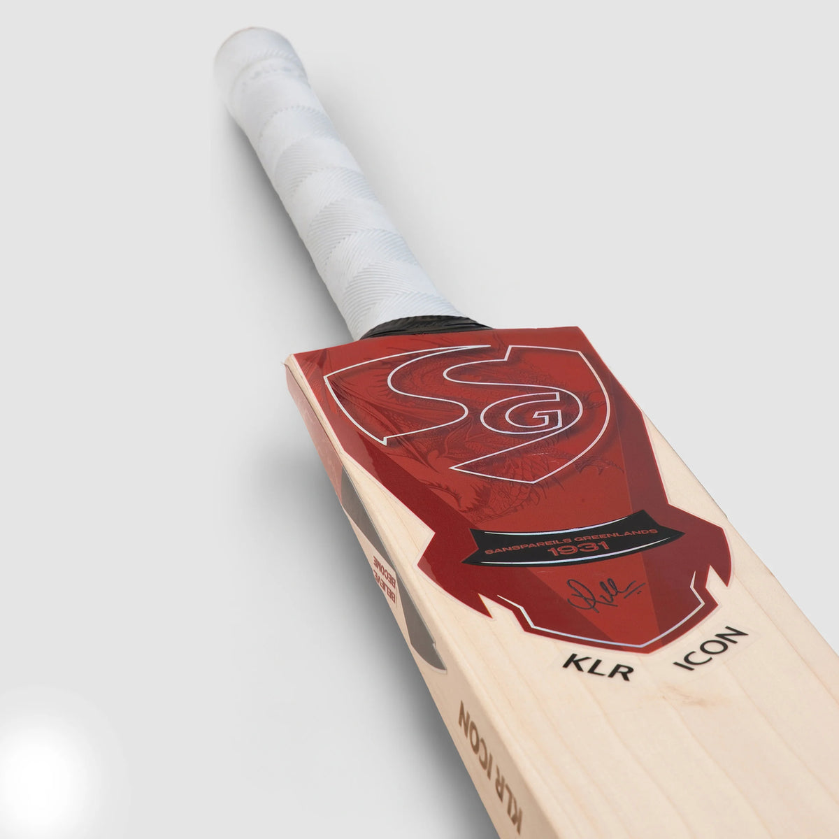 SG KLR Icon Cricket Bat close-up back sticker view showing red branding and handle at Alberta Cricket Store