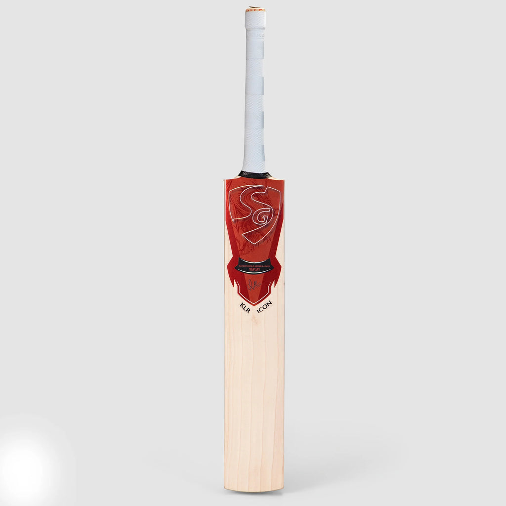 SG KLR Icon Cricket Bat back view showing red sticker graphics and spine profile at Alberta Cricket Store