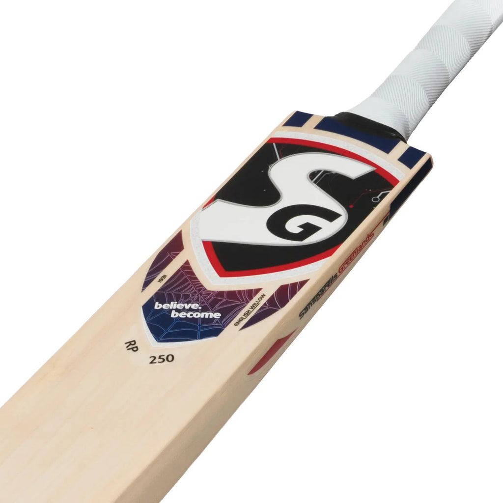 SG HP 250 Premium English Willow Cricket Bat upper face view showing black and gold branding stickers and white handle grip