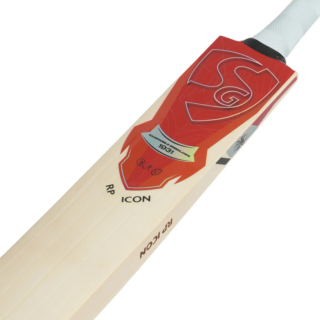 SG RP Icon Cricket Bat close-up front view showing logo and handle at Alberta Cricket Store