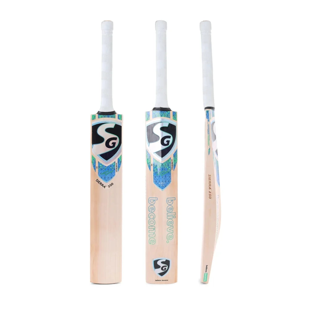 SG Sierra 250 Cricket Bat triple view showing front face, back profile, and side edge profile at Alberta Cricket Store