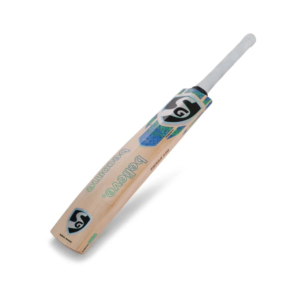SG Sierra 250 Cricket Bat angled view showing back graphics and toe branding at Alberta Cricket Store