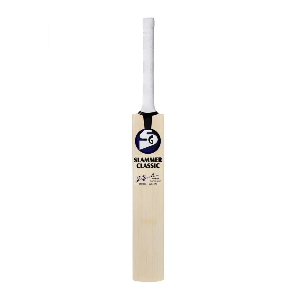 SG Slammer Classic Cricket Bat front view showing classic branding and clean willow face at Alberta Cricket Store