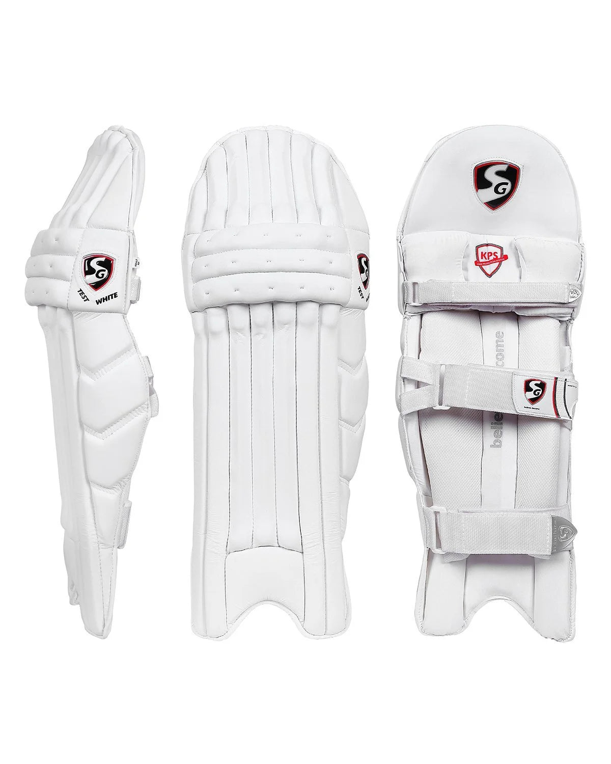 Three views of SG Test Cricket Batting Pads showing front profile, side profile, and inner padded back with Velcro straps