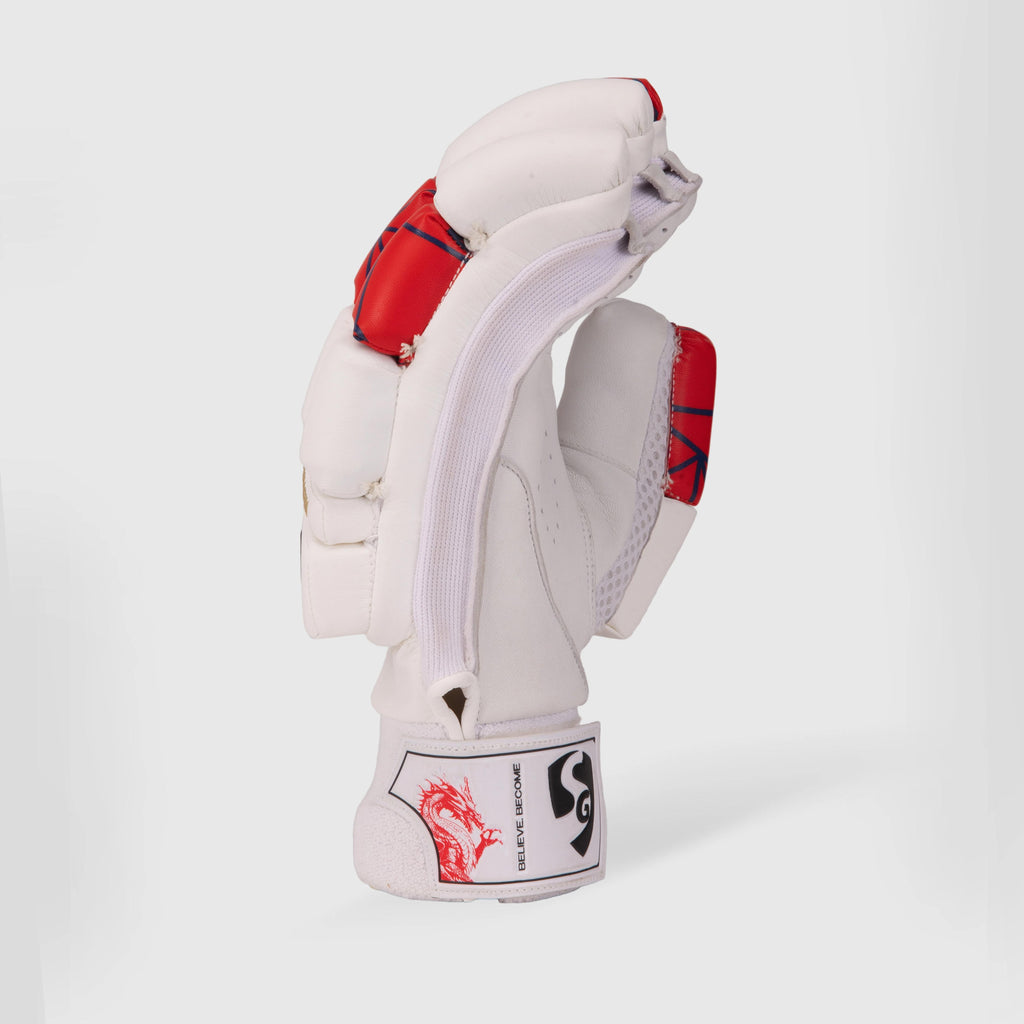 Pair of SG KLR Lite adult cricket batting gloves in white with blue accents on Alberta.