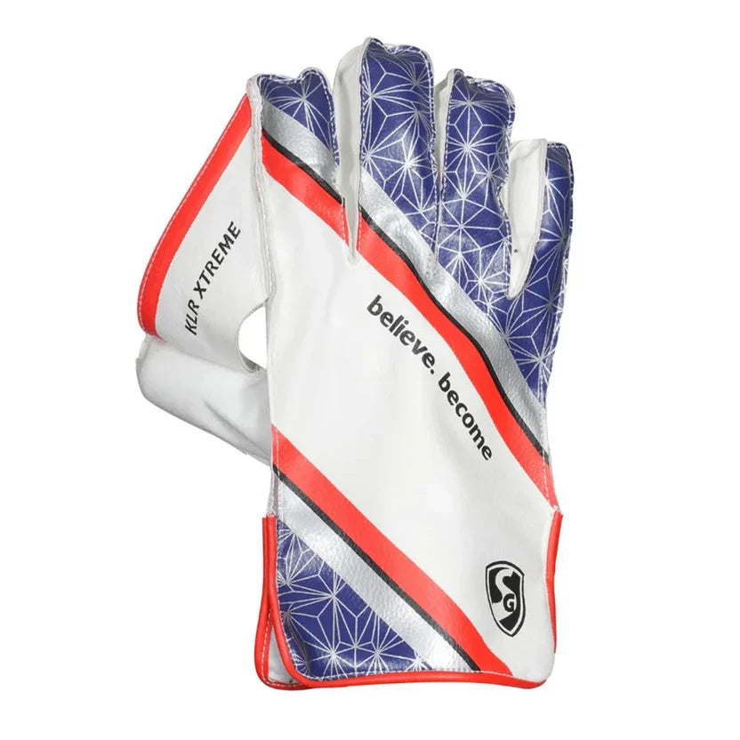 Outer backboard view of SG KLR Xtreme adult wicket keeping glove with blue geometric pattern, red trim, and believe become branding.