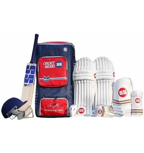 A complete SS Sky full cricket kit including an English Willow bat, navy blue kit bag, white batting pads, gloves, thigh guard, arm guard, and a helmet.