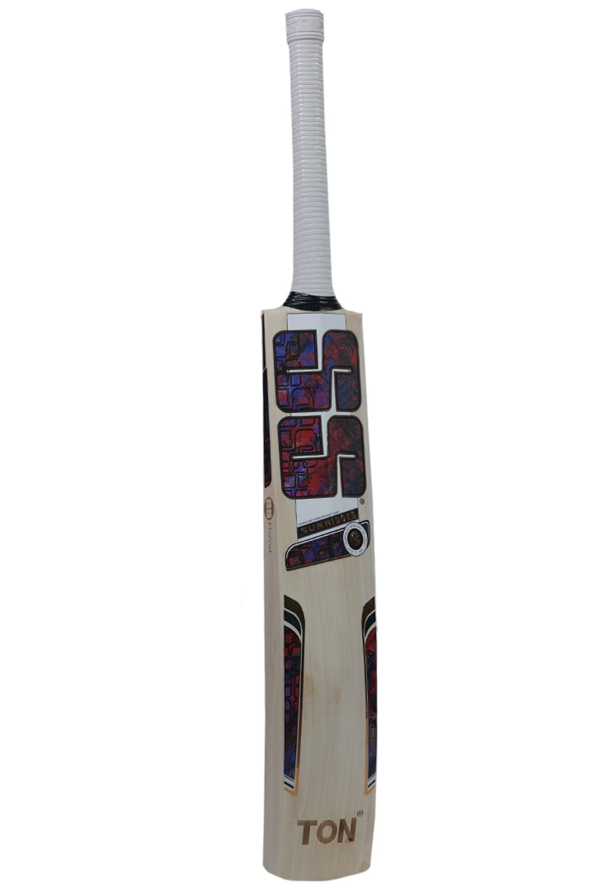 Front blade view of the SS Master 9000 Super Player Grade English Willow Cricket Bat with premium multicolored decals and a white rubber handle grip, isolated on a white background.
