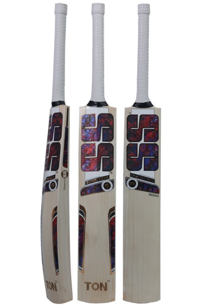 SS Master 9000 SH Super Player Grade English Willow Cricket Bat displayed from three angles showing the massive side edge profile, front blade face with TON branding, and the rear spine with multicolored graphics.