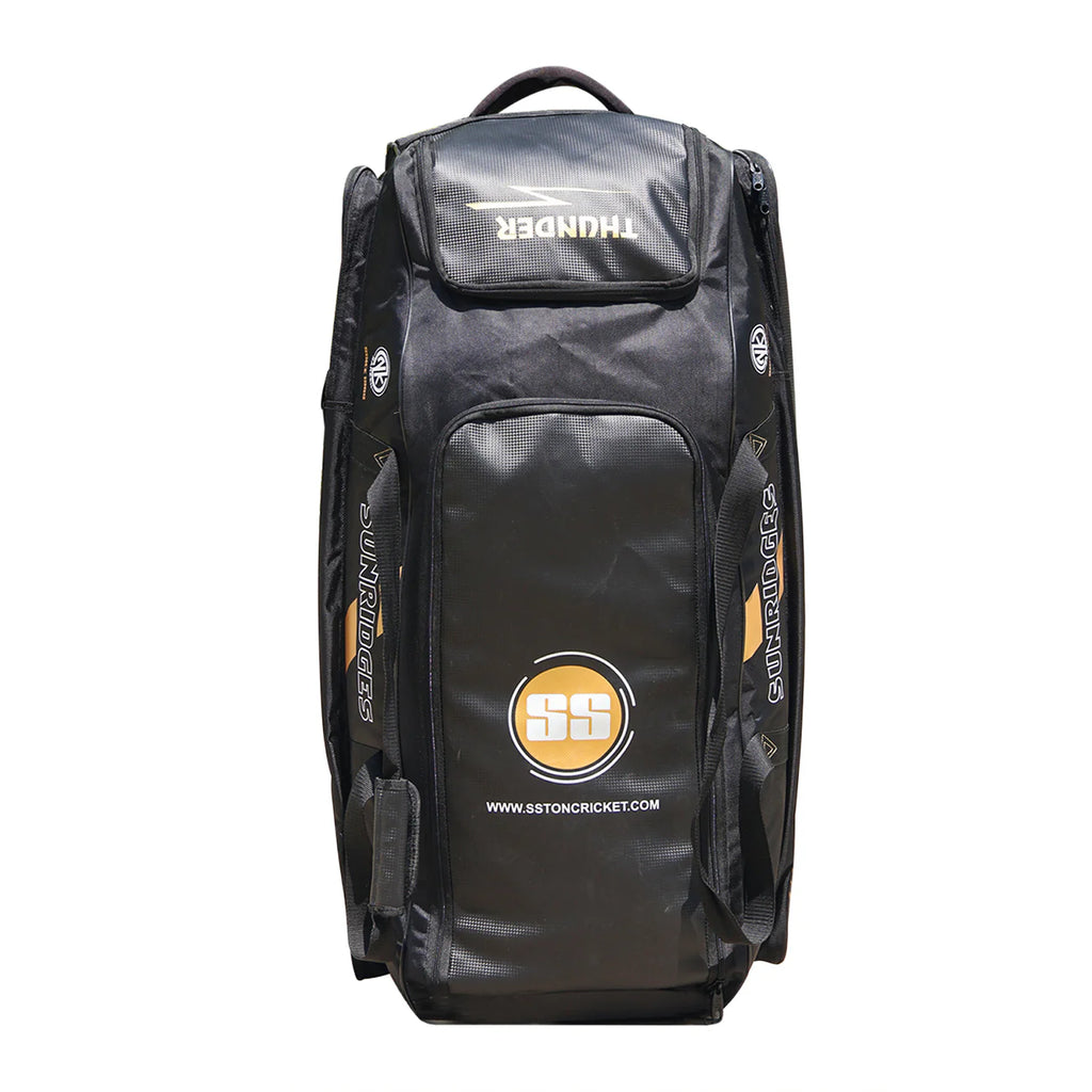 SS Sky Thunder cricket kit bag in black with wheels and gold logo available at Alberta Cricket Store
