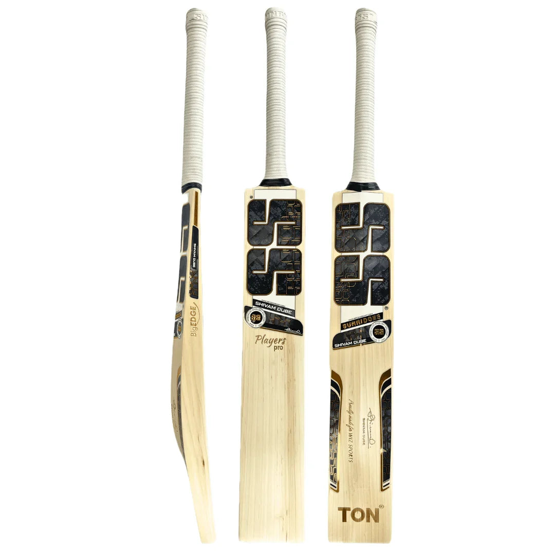 Three angles of SS Shivam Dube Pro Players Edition English Willow Cricket Bat displaying side edge profile, front face, and back graphics