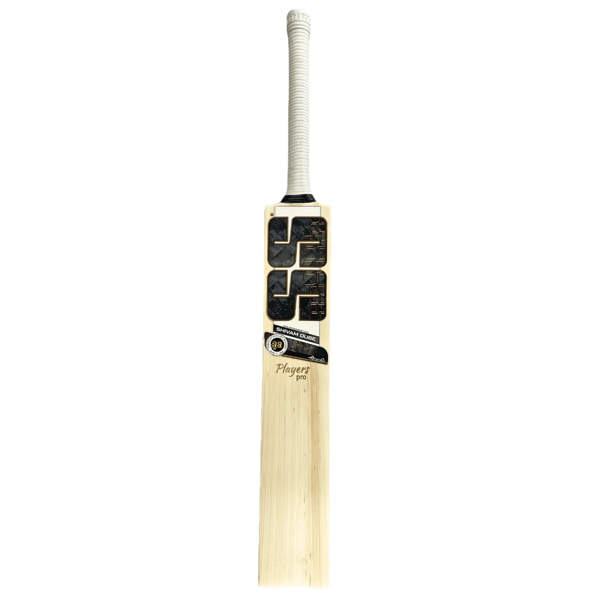 Angled back view of SS Shivam Dube Pro Players Edition English Willow Cricket Bat showing back stickers and full spine profile