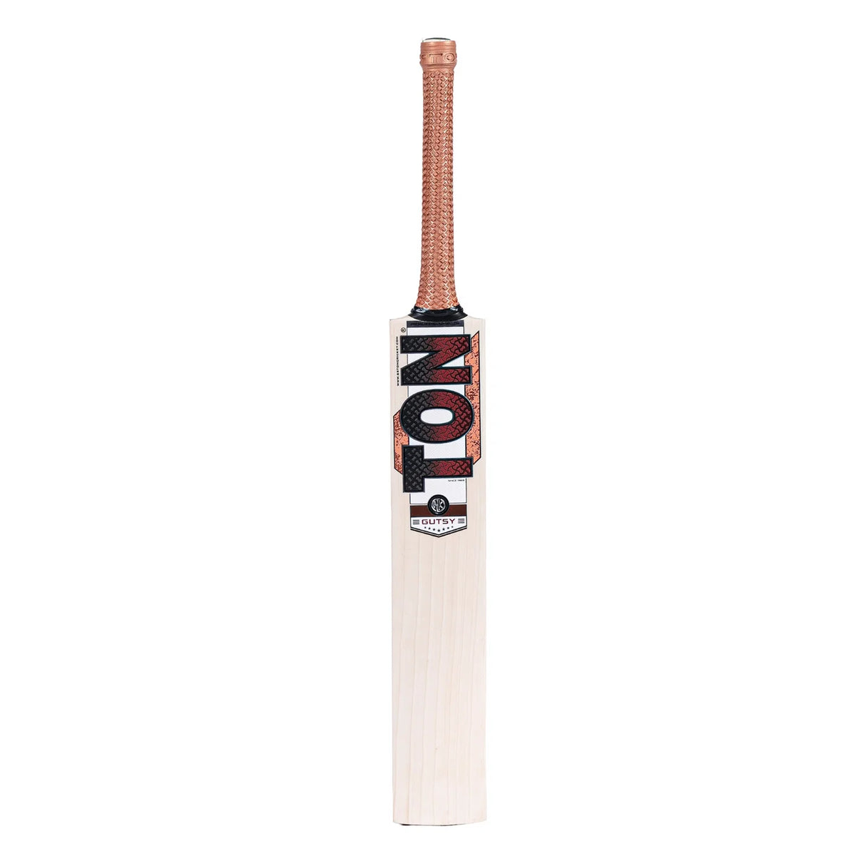 TON Gutsy cricket bat close-up front view highlighting sticker details and brown handle on albertacrickets.com.
