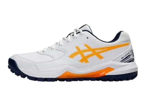Side profile view of ASICS Gel Lethal Field 2 cricket shoe facing left in white, orange, and navy blue.