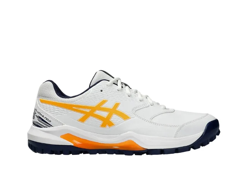 Top-down view of ASICS Gel Lethal Field 2 cricket shoes showing upper mesh, navy laces, and orange accents.