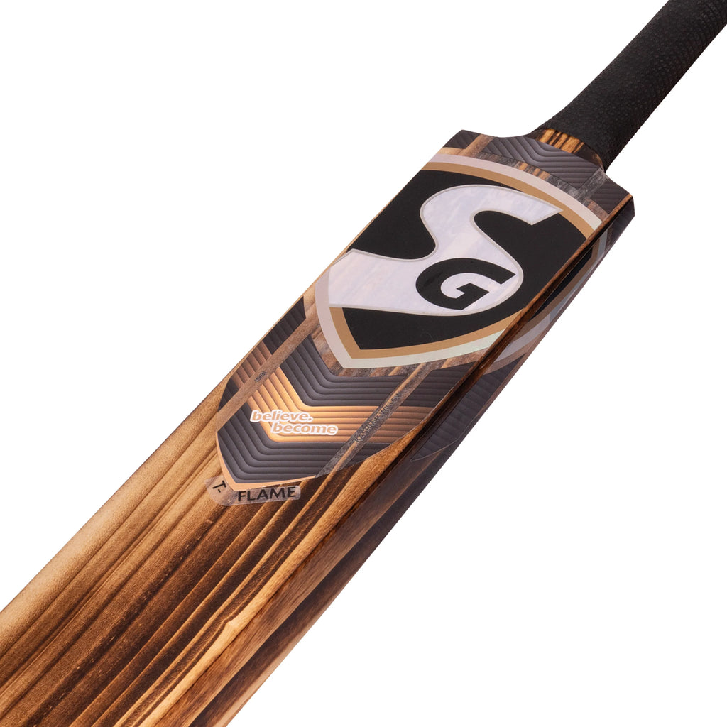 Close-up view of SG T-Flame Tennis Cricket Bat sticker design and black grip at Alberta Cricket Store.